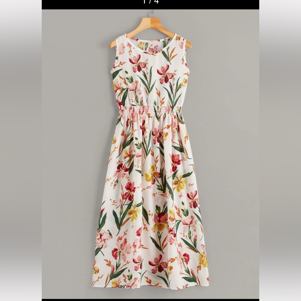 SHEIN White Floral Sleeveless Midi Dress with Pink, Red, Yellow & Green Print